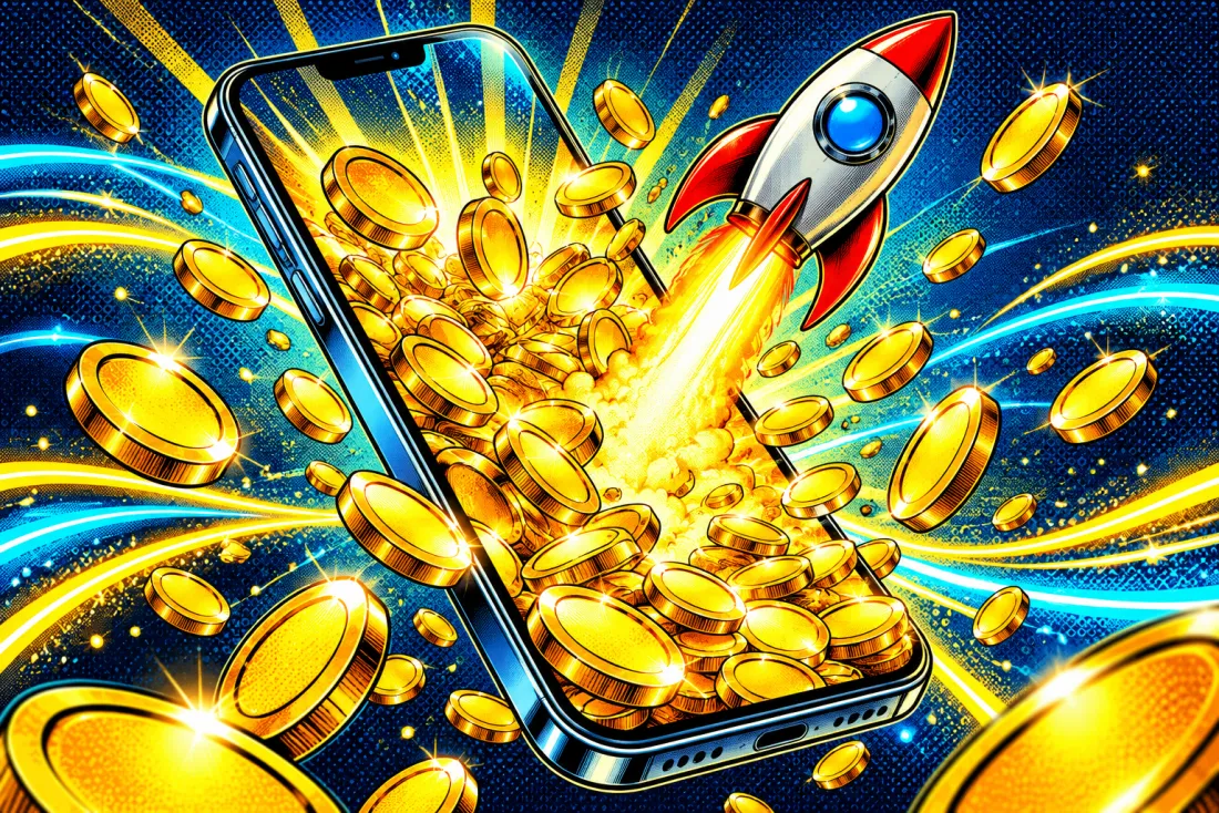 A phone bursting with gold coins and a rocket